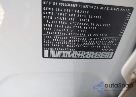 2022 Volkswagen Tiguan 2.0T Se z USA, uszkodzony, nr VIN 3VV3B7AX0NM177942